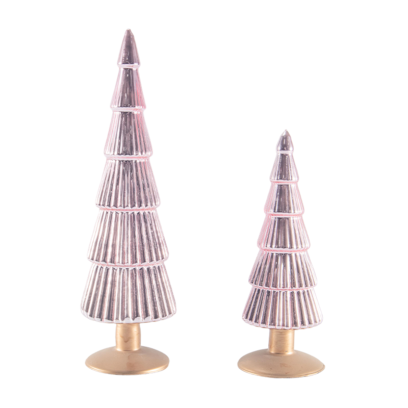 8×20 & 8×25cm Çizgili Noel Cam Ağacı 2 Parçalı Set Masa Üstü Yılbaşı Dekoru