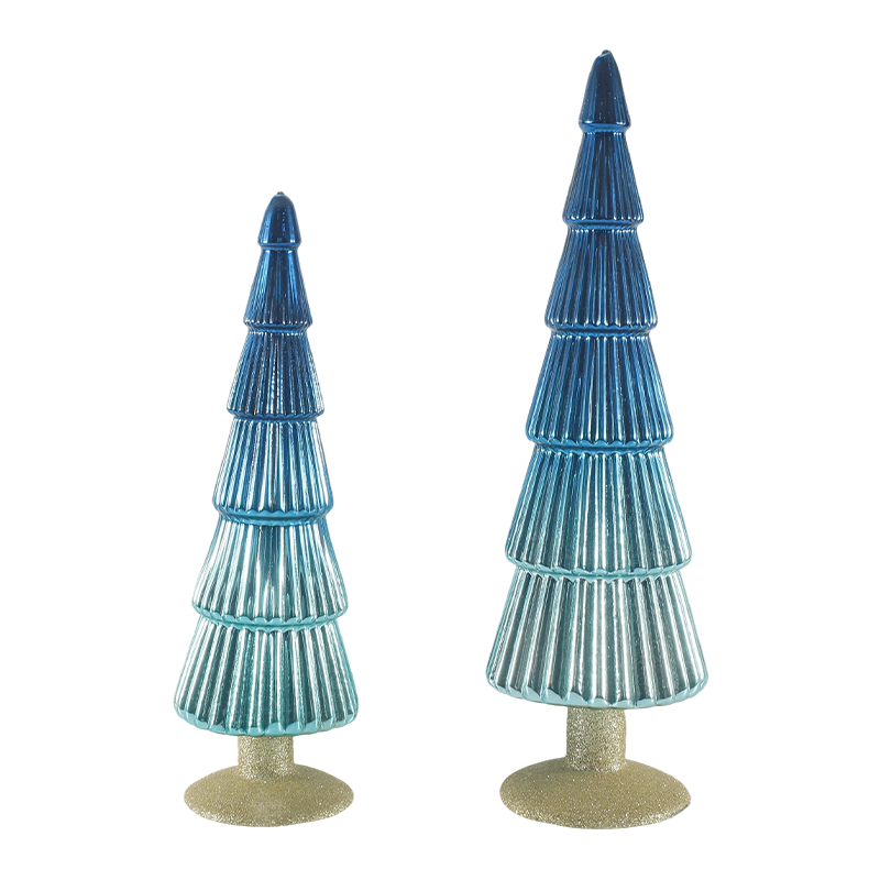 8×20 & 8×25cm Çizgili Noel Cam Ağacı 2 Parçalı Set Masa Üstü Yılbaşı Dekoru