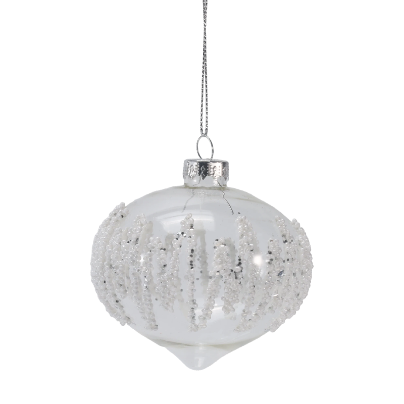 8 cm Saçağı Boncuklu Şeffaf Noel Cam top Süsü (Tek / 3'lü Set)