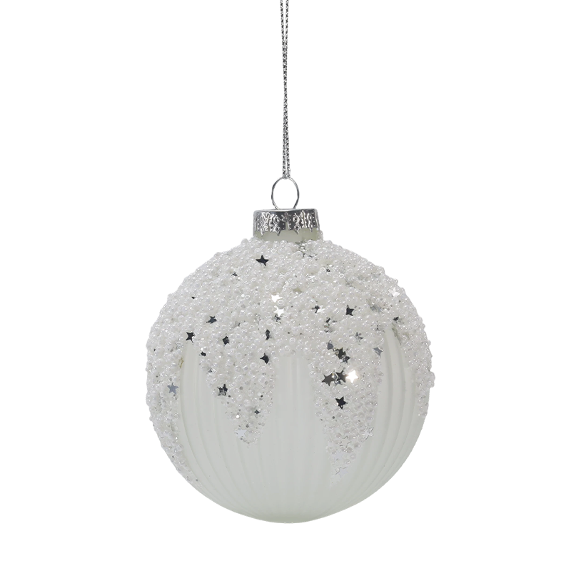 8cm Karlı Yıldızlı Beyaz ve Gümüş Noel Cam Top Süsü (Tekli / 3'lü Set)