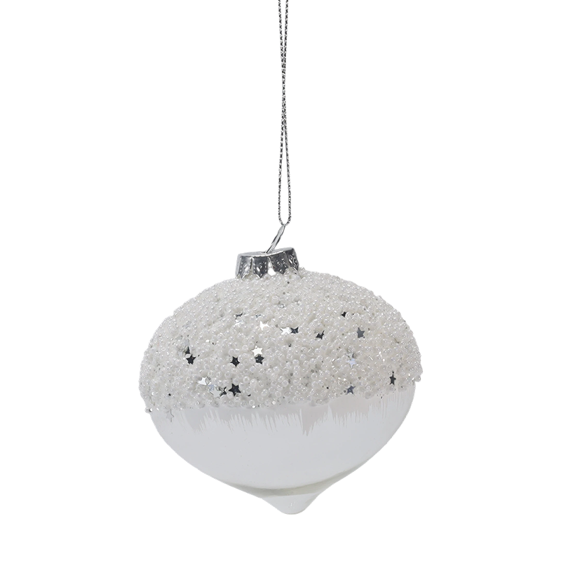 8cm Karlı Yıldızlı Beyaz ve Gümüş Noel Cam Top Süsü (Tekli / 3'lü Set)