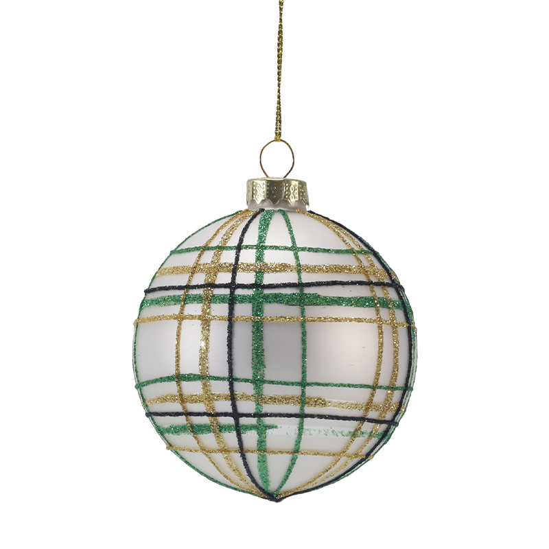 8cm Retro Ekose ve Şerit Noel Cam Top Süsü (Tek / 3'lü Set)