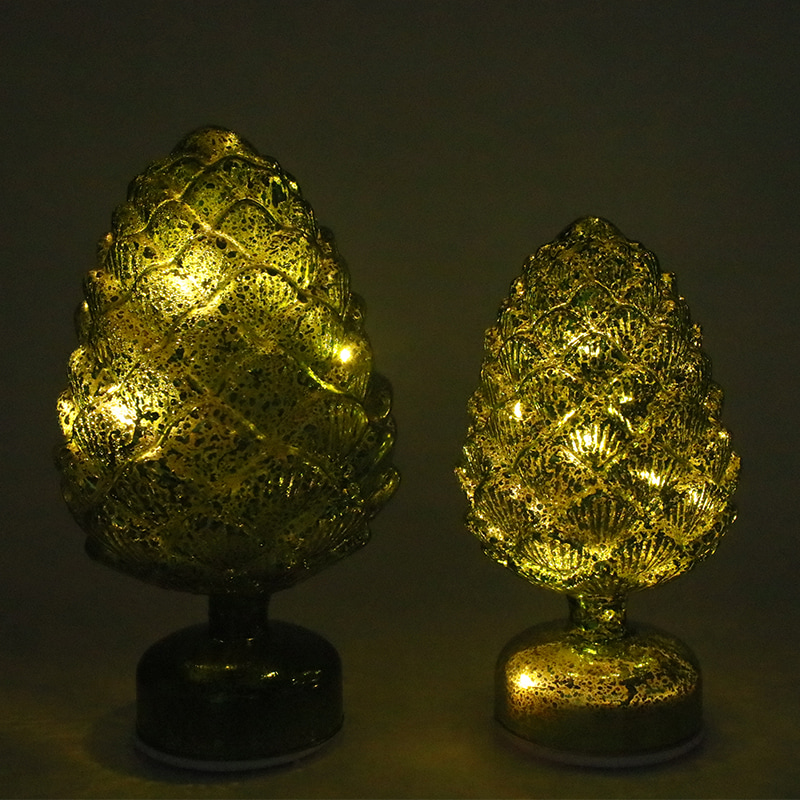 15×28 cm & 11×22 cm Çam Kozalağı Noel Döner Cam LED Masa Süslemesi