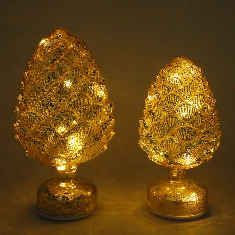 15×28 cm & 11×22 cm Çam Kozalağı Noel Döner Cam LED Masa Süslemesi